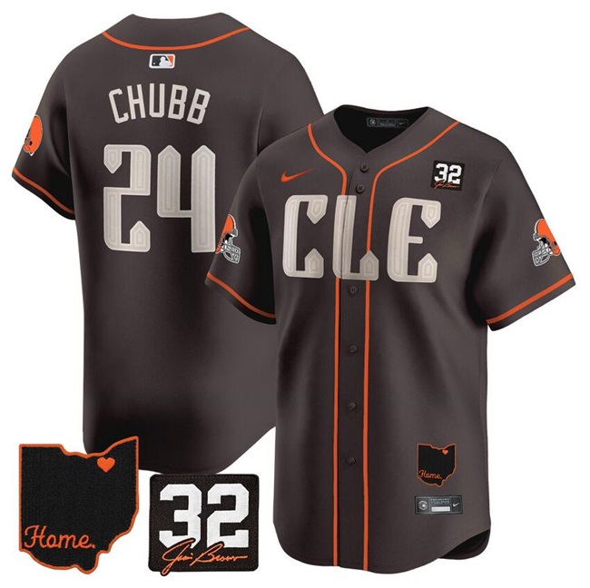 Men's Cleveland Browns #24 Nick Chubb Brown With Jim Brown Memorial & Home Patch Vapor Premier Limited Stitched Baseball Jersey Men's Cleveland Browns #24 Nick Chubb Brown With Jim Brown Memorial & Home Patch Vapor Premier Limited Stitched Baseball Jersey